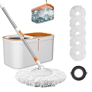 61″ Spin Mop and Bucket Set,Wringer System for Cleaning,with 5 Refill Heads | Hands-Free Wringing with1 Brush,Stainless Steel Handle,Suitable for Tile Hardwood Laminate Floors,Easy Dirt Removal