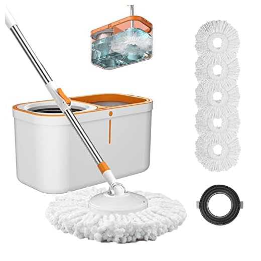 Floor Spin Mop and Bucket Set with Wringer System Extended Stainless Steel Handle 61＂for Home Floor Cleaning Use with 5 Replacement Head Refill and 1 Cleaning Brush Head