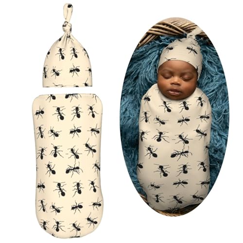 Image of Black Ants Newborn Swaddle Blankets Hat Sets Soft Baby Receiving Blanket Swaddle Sack for Baby Shower Infant Boy Girl Gift