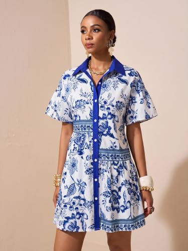 Image of SOLY HUX Women's Floral Button Down Shirt Dress Collared Short Sleeve Ruffle Babydoll Summer Boho Vacation Short Dresses