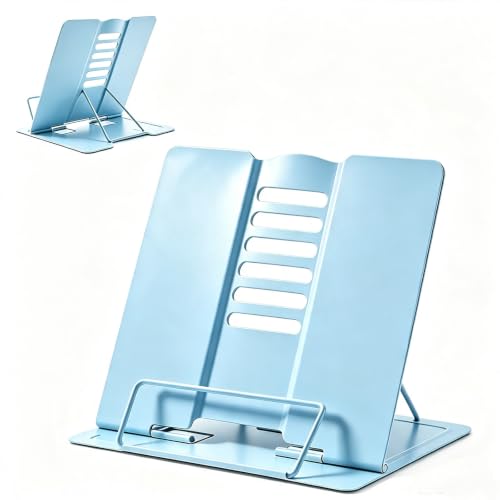 YIDINGDA Book Stand for Reading Hands Free,Desk Adjustable Book Stand Metal | Book Holder for Textbooks, Cookbooks, Music Books, Recipes, and Documents - Sturdy Reading Rest for Any Angle ( Light blue)