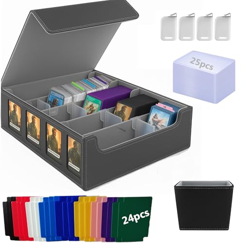 Joymaney Premium Trading Card Storage Box - Holds 3000+ Cards with Writable Dividers, 50 Sleeves, 4 Display Holders & Dice Box - PU Leather TCG Case for MTG, Pokémon, Sports Cards (Grey)