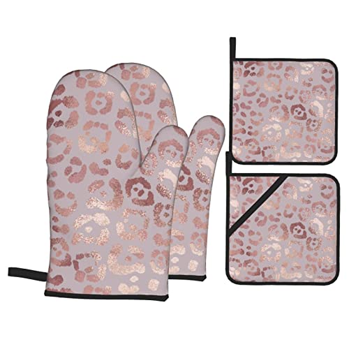 Rose Gold Leopard Print Oven Mitts And Pot Holders Set Of 4, Oven Mittens And Potholders Heat Resistant Gloves For Kitchen Cooking Baking Grilling Bbq #TOP28