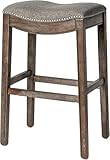Maven Lane Adrien Backless Bar Stool – 31 Inch Saddle Seat with Footrest – Brown Solid Wood Frame & Grey Fabric Upholstery – Ideal for Bars, Pub Tables & Tall Kitchen Counters