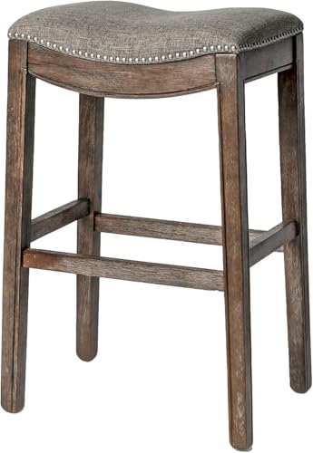Maven Lane Adrien Backless Bar Stool – 31 Inch Saddle Seat with Footrest – Brown Solid Wood Frame & Grey Fabric Upholstery – Ideal for Bars, Pub Tables & Tall Kitchen Counters