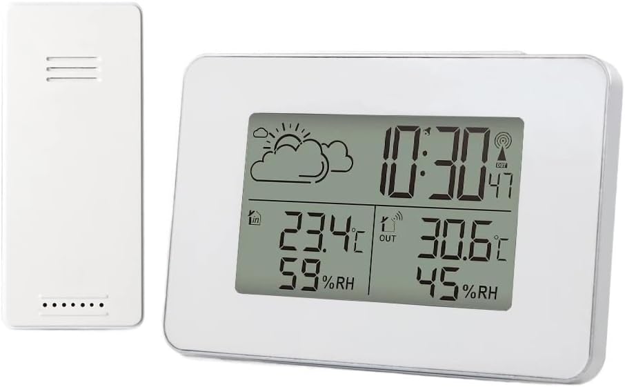 Weather Station Sensor Indoor Outdoor Digital Thermometer Hygrometer Table Alarm Clock in White with Backlight