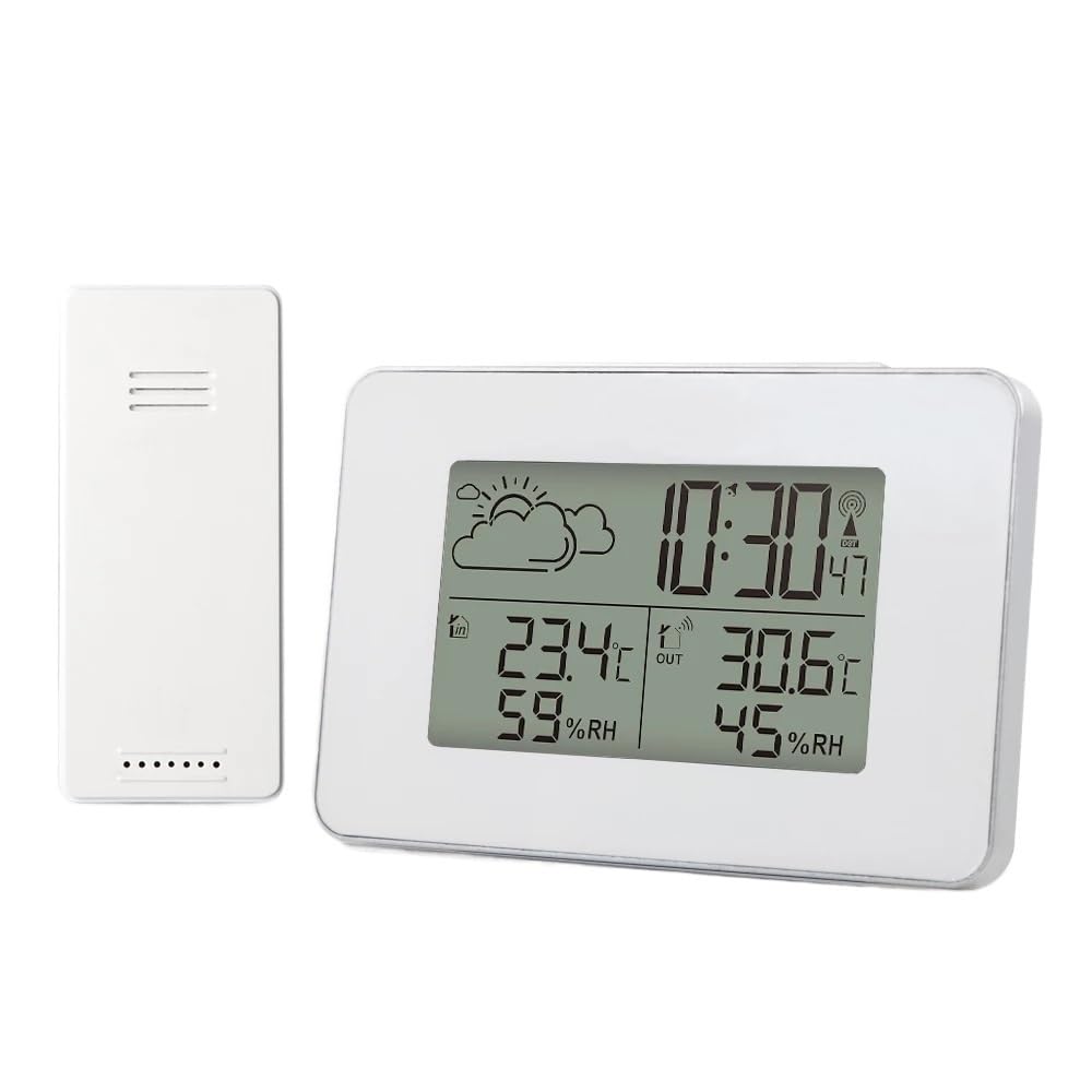 HRWLY Weather Station sensor Indoor Outdoor Digital Thermometer Hygrometer Table Alarm Clock in White with Backlight