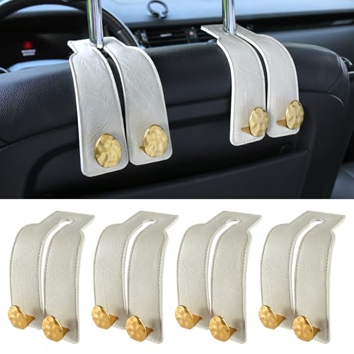 URIZZD 4 PCS Leather Car Seat Hooks for Headrest, Vehicle Hanger Storage Organizer Universal for Handbag Purse, Car Accessories Gift (White-Gold-4 PCS)