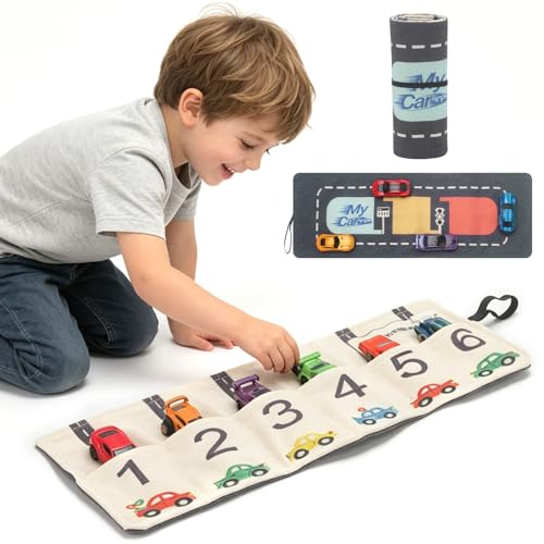 Chwevriao Car Storage Roll for Kids, Compatible with Matchbox & Hot Wheels 1:64, Playmat, DIY Name, Travel Toy