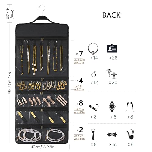 SMRITI Hanging Jewelry Organizer with Dual Zippered Pockets Canvas Double Sided Rotating Hanger Necklace Hanging Wall Organizer Earring Dustproof Holder Wall Mount Accessories Display Bag(Dark Grey) by SMRITI - Image 6