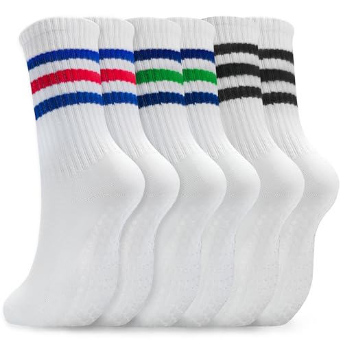Image of Pilates Socks for Women Non Slip, Cotton Crew Grippy Yoga Socks with Grips for Maternity Hospital Workout, 3 Pairs