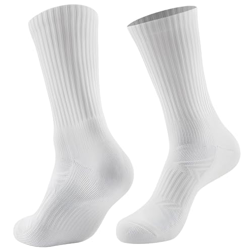 yeeplant 2 Pcs Running Socks for Men and Women, White Cotton, Crew Socks, Anti-Slip Towel Bottom, Sweat-Absorbent