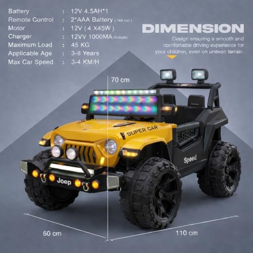 Image of kidsROAR Electric Ride-On Car for Kids | Remote Control 12V Battery Operated Rechargeable Big Car with LED Lights Music | Boys & Girls Age 3 to 7 Years (Yellow)
