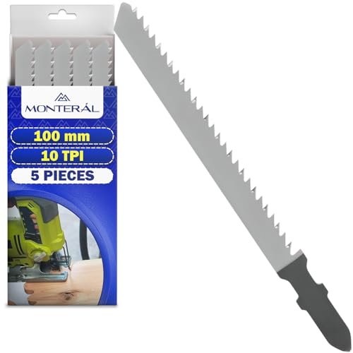 5 Pieces Jigsaw Blades 100 mm 10 TPI - Jigsaw Blades Wood Made of Hardened Carbon Steel HCS 65Mn - Downward Cut - MONTERAL