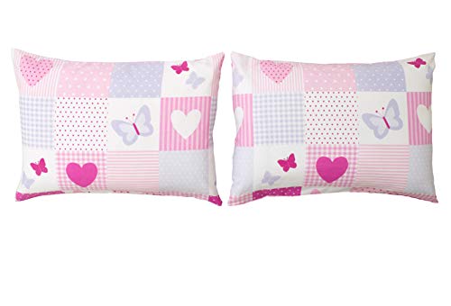 Bloomsbury Mill - Juego de 2 fundas de almohada adicionales - Funda nórdica y funda de almohada para individual o doble - Diseño patchwork de corazones y mariposas - 50cm x 75cm