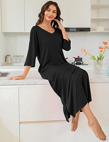 Uniexcosm Chemise de Nuit Femme Coton Longue Col en V Manches Robe de Nuit avec Poches D-Noir XL – vue 4