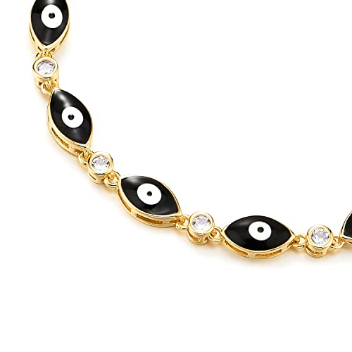 Coolsteelandbeyond Womens Gold Color Link Chain Bracelet Of Black Evil Eye Charms, With Cubic Zirconia, Adjustable #TOP1