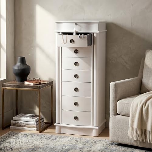 Hives and Honey Nora Jewelry Armoire Cabinet with Mirror – 7 Drawers, Locking Top, Necklace Hooks, Anti-Tarnish Felt – Traditional Standing Jewelry Organizer for Women, White