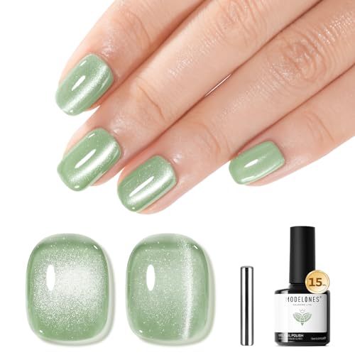 Image of modelones Green Cat Eye Gel Nail Polish Glassy Magnetic Glitter Holographic Mint Green Grape Reflective Translucent Gel Polish Jelly Translucent UV Gel Manicure 15 ML