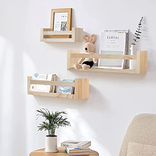 Image of DOCMON 3-Pack Rustic Wooden Floating Shelves, Nursery Book Shelves, Kids Room, Toy Storage, Kitchen Spice Rack