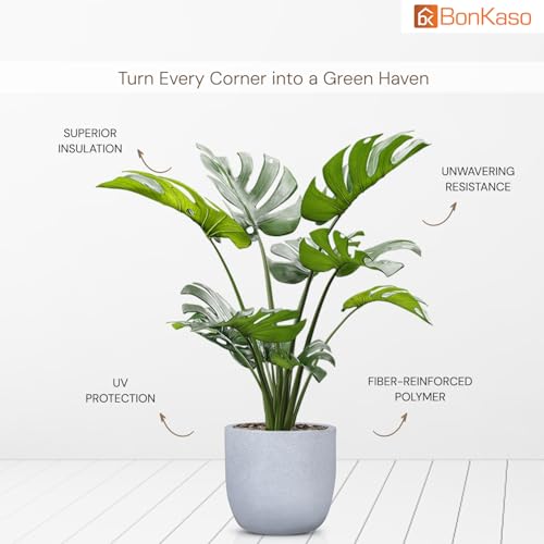 Image of BonKaso 14 inch White Pot - Tall, Durable & Lightweight Polymer Jaguar Round Planter for Indoor & Outdoor Use: Home, Office, Garden & Balcony (Gamla /Gamale)