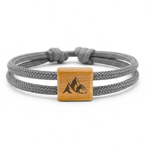 GIPFELWELLE Handgemachtes Segeltau Armband 4 mm Holz mit Gravur Paracord Makramee Armkette Damen Herren Berg 14-16 cm