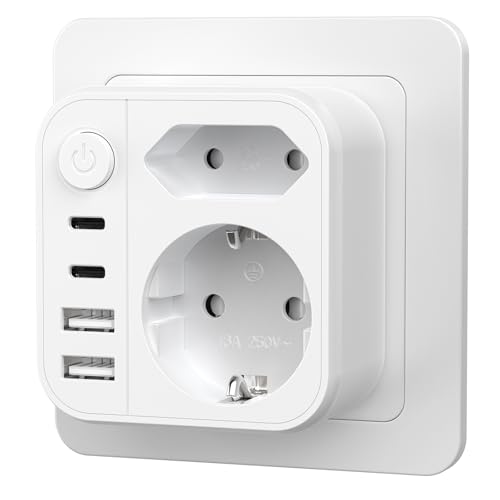 Gniazdo wtykowe z 4 portami USB, adapter z portem USB C, HITRENDS 2 gniazda wtykowe z przełącznikiem, podwójna wtyczka do gniazdka, ładowarka ścienna, kolor biały
