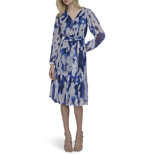 Image of DKNY Women's Long Sleeve V-Neck Tie Waist Midi Dress