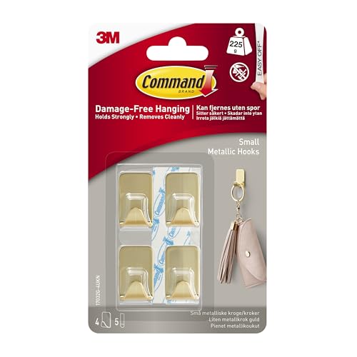 Command Small Metallic Hook, Gold Colour - 4 Hooks, 5 Adhesive Strips - Indoor use - Damage Free Hanging