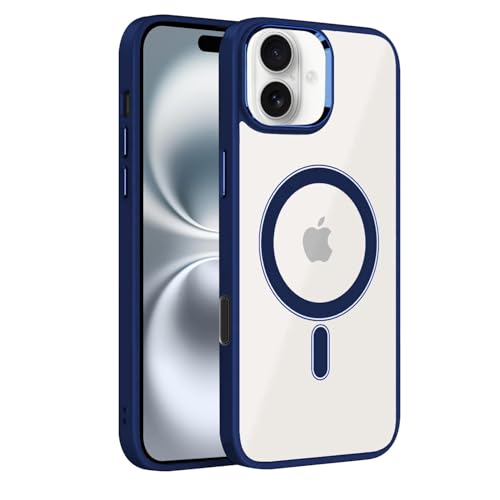 Image of amazon basics Mobile Cover | Compatible with MagSafe | Electroplated Metal Ring | Camera Protection | Raised Edges | PC TPU Hybrid Clear Case | Transparent Bumper Case for Apple iPhone 16 (Blue)