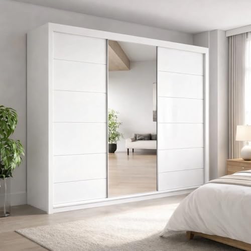 Image of REXwood Furniture Oslo Sliding Door Wardrobe with Mirror, Modern Bedroom Wardrobe with Shelves and Hanging Rails, Grey Matt Finish, 150-250 cm (White, 250cm (Three doors))