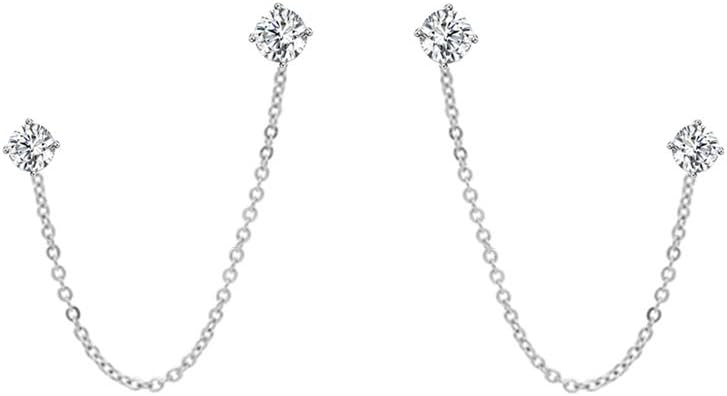 NewZenro4 Prong CZ Round Stud With Chain Cuff S925 Sterling Silver Earrings for Women Cartilage Double Piercing Holes Fashion Chic Minimalist Climber Crawler Threader Hypoallergenic Gifts