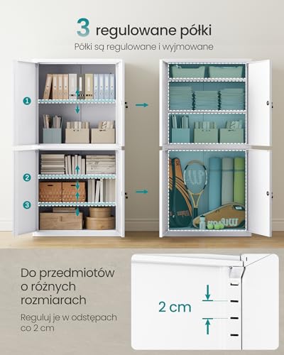 SONGMICS Szafka na dokumenty, szafka wielofunkcyjna, szafka biurowa, z 4 drzwiami i 5 poziomami, 40 x 80 x 180 cm, 2 zamki, regulowane półki, szafka stalowa, matowa biel OMC016WG01