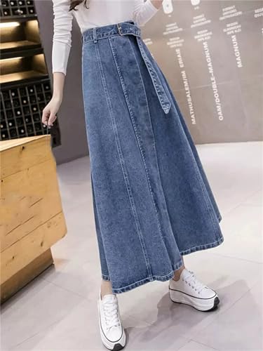 Women Spring Summer Long Denim Skirt Patchwork Single Breasted High Waist Skirt Loose Jeans Skirt4