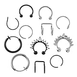 Veemoon Anillos Nariz C Forma de Acero Inoxidable, 12 Piezas (6 Negros 6 Acero), Piercing No Perforante Doble Círculo, Joyas Nariz Cómodas y Resistentes para Uso Diario