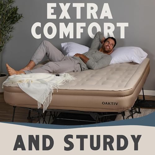 Image of Oaktiv Queen Air Mattress with Frame, Self Inflating /Deflating Blow Up Bed for Adults - PeakRest Camping Cot with Mattress - Portable Queen Size with Travel Rolling Case on Wheels