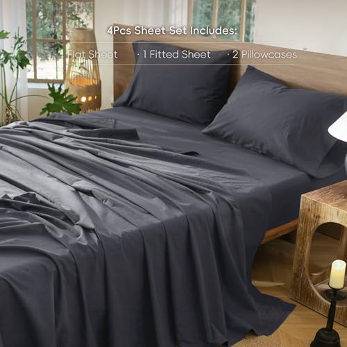Image of MooMee Sheet Set 100% Washed Cotton Linen-Like Extra Deep Pocket Queen | Relaxed Linen-like Texture. Soft, Breathable & Lightweight Comfort. 15-19 inch Extra Deep Pocket with All-around Elastic
