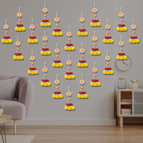 Image of Rajasthan Kraft Handmade Pack of 5 Marigold Hanging with Beads Gajra Bell Bowl Artificial Flower Door & Wall Decor for Makar Sankranti, Lohri, Wedding & Festive Home Decoration 15 x 3 Inch (RK-H150-5)