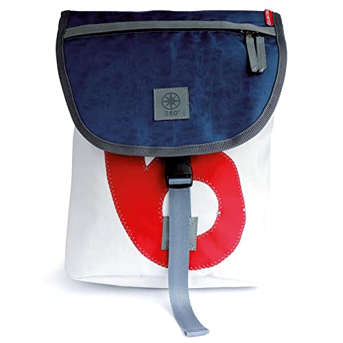 360° Grad Rucksack Landgang Mini aus Segeltuch,Segel weiss, Vintage Blau, Zahl rot,Gurt grau, 27 x 38 x 12 cm