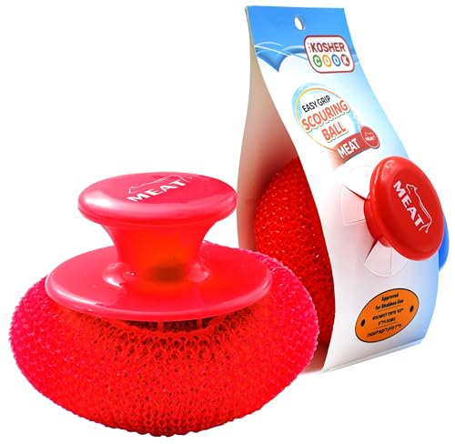 Image of The Kosher Cook Meat Red Scouring Pad with Comfortable Handle Ergonomic Easy Grip Dishwashing Cleaning Sponge Brush Color Coded Home and Kitchen Accessories