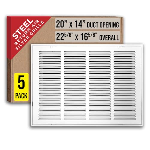 [5 Pack] Fits 20x14 Duct Opening | Steel Return Air Filter Grille by Handua [Removable Door] for 1-inch Filters | Vent Cover Grill, White | HVAC Cold Air Grille | Out Dim: 22 5/8"W X 16 5/8"H