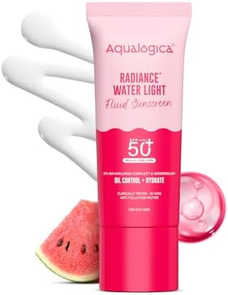 Aqualogica Radiance+ Water Light Fluid Sunscreen - 50g | SPF 50+ PA++++ | In-Vivo Tested | New-age Filters | Ultra-Light Fluid Texture | For Bright & Radiant Skin | Fragrance-Free & No White Cast | 2% Nia-Hyaluron Complex | Broad Spectrum UVA/B & Blue Light Protection | Lightweight | For Men & Women