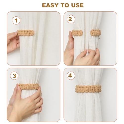 Culinavog 6 Stück Vorhang Raffhalter, Handgestrickte Raffhalter im Boho-Stil, Natürliches Baumwollseil, Biegbar, Vorhang Zusammenhalter für Zuhause, Schlafzimmer, Dekorative Vorhänge (Weiß)