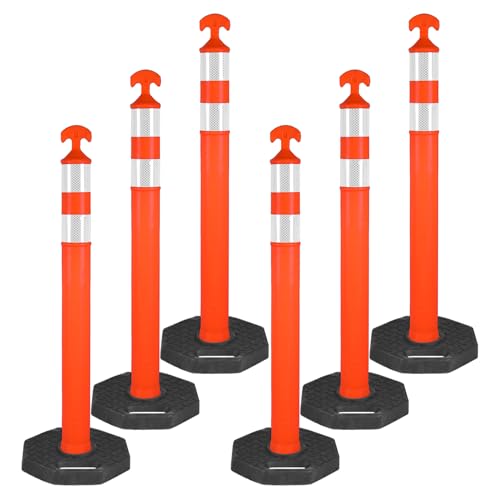 42" Traffic Delineator Posts, Safety Cones with Reflective Collars and Heavy Duty Rubber Base for Road Safety, Parking Lots and Construction Zones(6 Pack, 42")