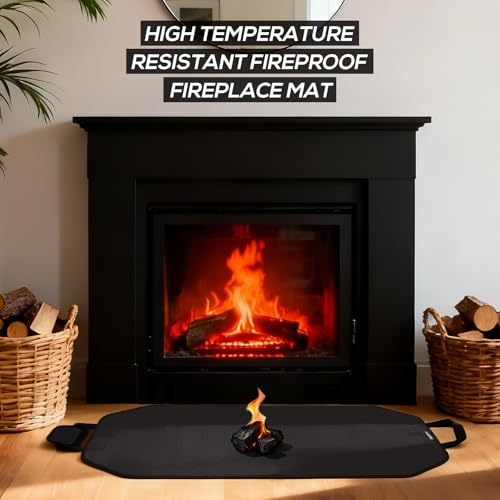 PAWBOSE Fireproof Fireplace Mat Hearth Rug and Firewood Carrier Firewood Bag, Great Gift for Cabin, Large Fire Wood Sling Carrier with Handles, Protect Floors Carpets from Sparks Embers-Black