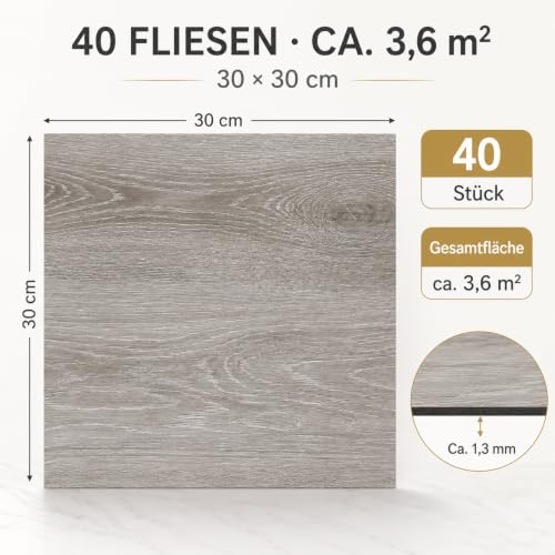 CYEER Lot de 40 Dalles PVC Autocollantes Sol 30x30 cm - Revêtement Vinyle Aspect Bois Gris (3,6 m²) - Épaisseur 1,3 mm - Sol Adhésif Étanche pour Cuisine, Salle de Bain et Rénovation DIY – vue 2