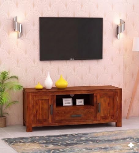 Image of Sheesham Rosewood, 1 Drawer Solid Wood TV Entertainment Unit | Wooen TV Cabinet Living Room & Office (Finish Color - Honey Oak Finish)