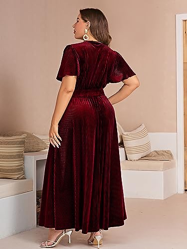 Image of Simplee Women's V Neck Velvet Maxi Dress Short Sleeve Empire Waist Long Formal Dress for Wedding Guest