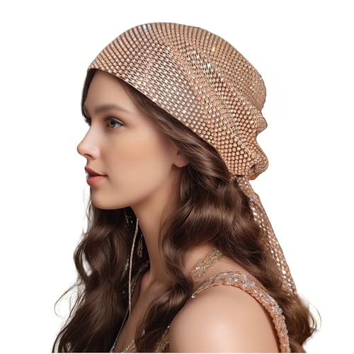 Munyee Hua Rhinestone Headpiece for Women, Rhinestone Head Scarf, Sequin Mesh Head Scarf 90cm Slip On Sparkly Bandana with Elastic Back, Glitter Scarf for Rave Festival Gatsby Disco Party(Brown)