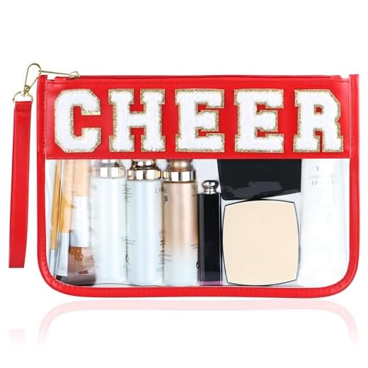 BuyCard Cheer Chenille Letter Bags Clear Makeup Bag, Cheerleader Gifts Cosmetic Bag, Varsity Preppy Patch Flat Pouch Cheer Accessories, Waterproof PVC Organizer Toiletry Bag for Women Girls Red